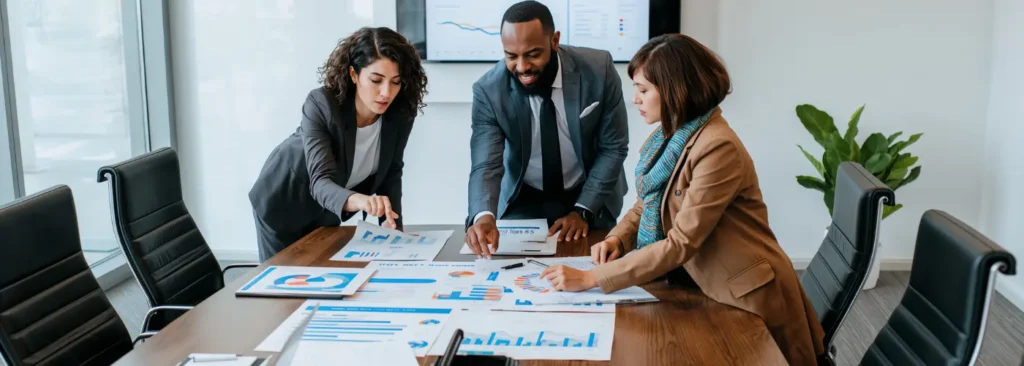 Sales team standing at a whiteboard discussing a problem–impact–solution diagram, developing a Challenger selling point of view and business case.