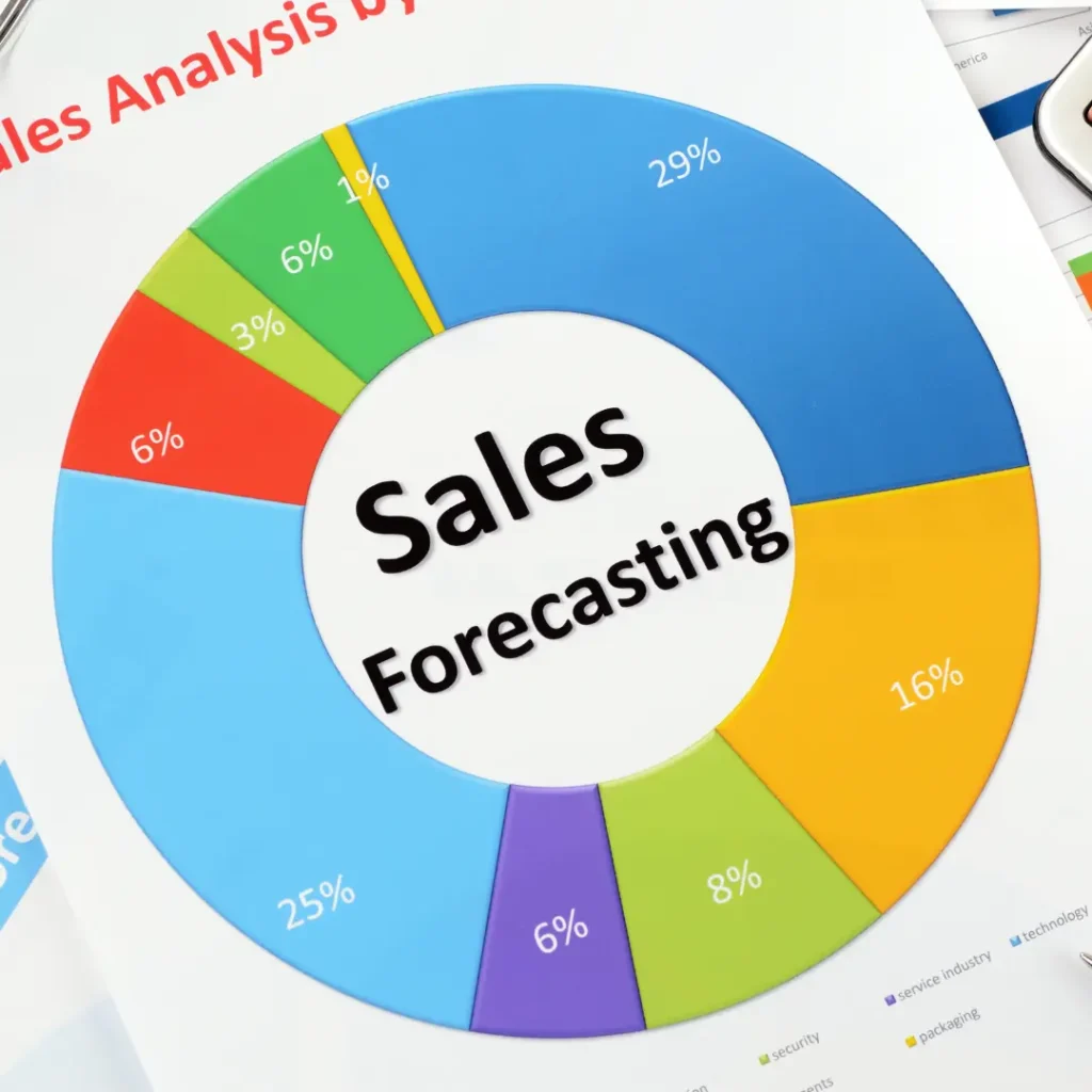 Colourful doughnut chart labelled “Sales Forecasting” showing percentage breakdown of sales prospecting by segment.