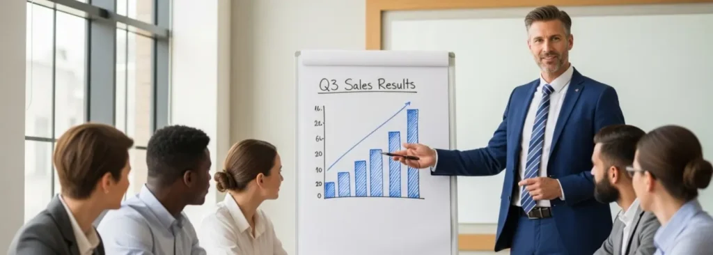 Sales manager presenting Q3 sales results on a flipchart to a team in a meeting room.