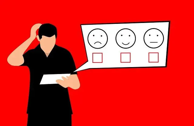 Illustration of a salesperson scratching their head while looking at a feedback form with unhappy, happy and neutral faces, symbolising uncertainty about the value created in a sales conversation.
