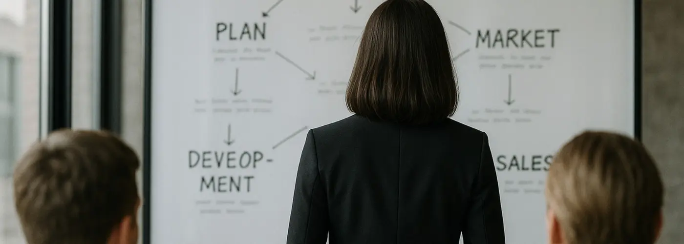 Sales leader presenting market downturn and opportunity charts to a team, illustrating a Challenger selling strategy to protect revenue in tough times.