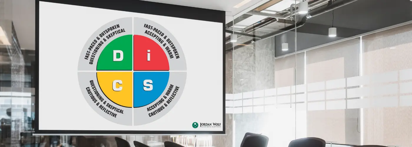 Sales trainer presenting the Wiley Sales DiSC model on a screen to a sales team in a modern boardroom.