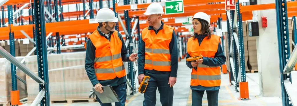 Irish warehouse team wearing sustainable hi-vis workwear supporting safety, compliance, and ESG goals