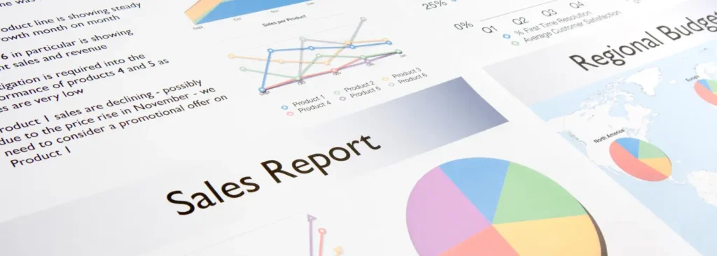 Sales performance dashboard showing revenue trends, conversion metrics and regional sales breakdown. Used in article discussing structured sales training for Irish SMEs and measurable commercial performance.